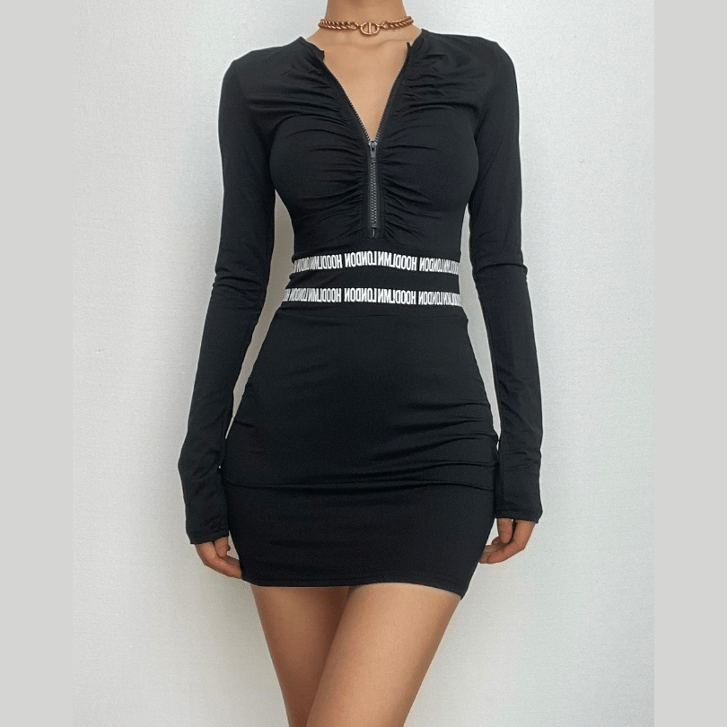 V-Neck Zip Front Ruched Long Sleeve Contrast Waist Tape Bodycon Mini Dress