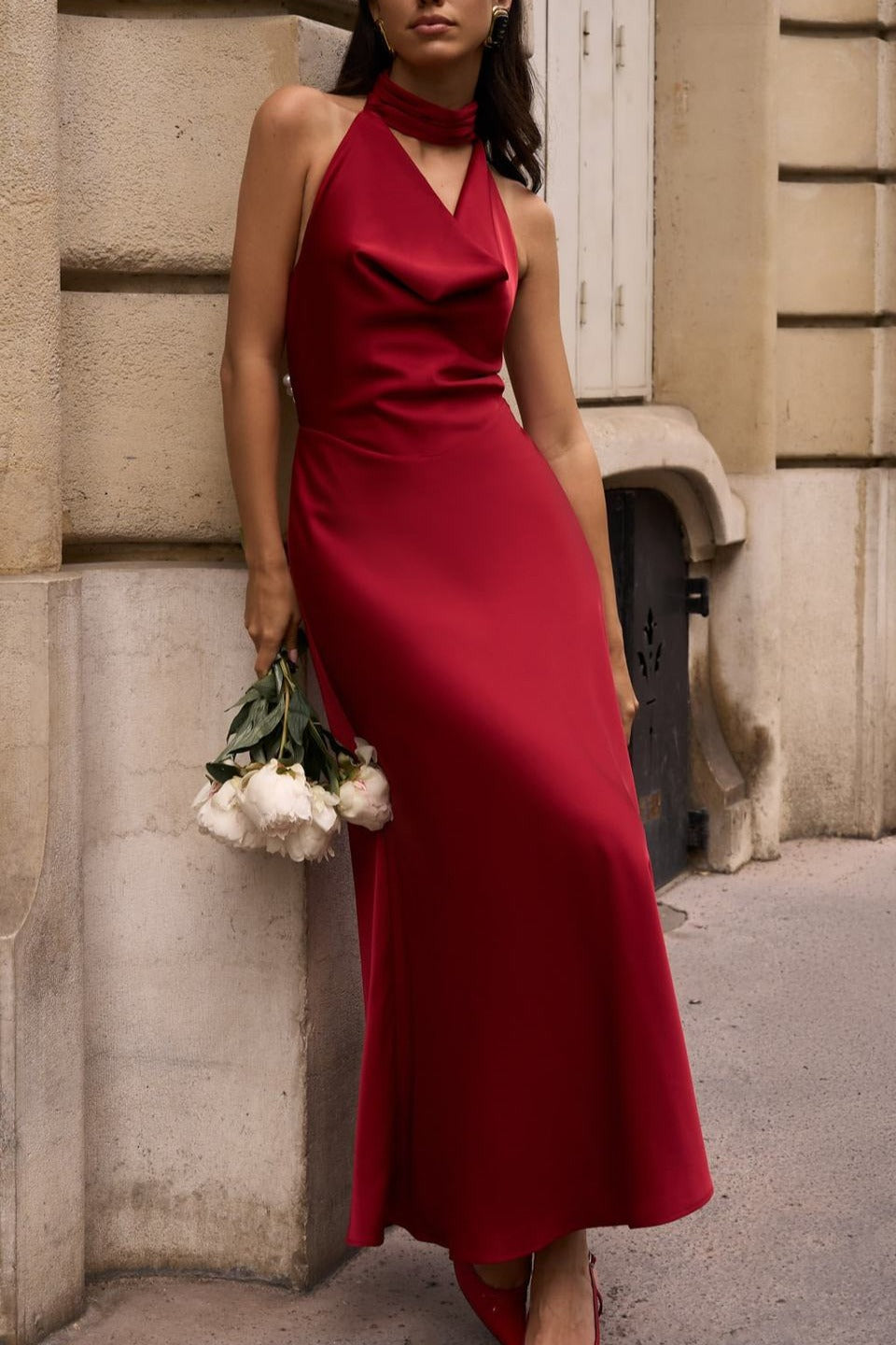 Satin V-Neck Halter Backless Maxi Dress