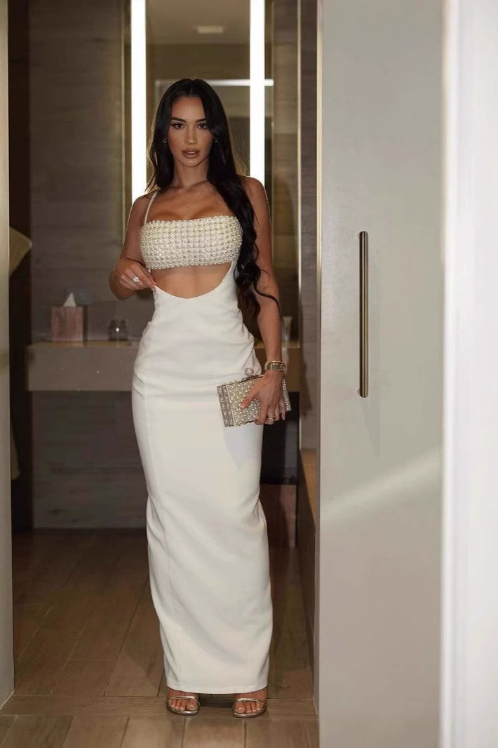 Pearl Beaded Bustier Spaghetti Strap Faux Two-Piece Bodycon Midi Dress 2