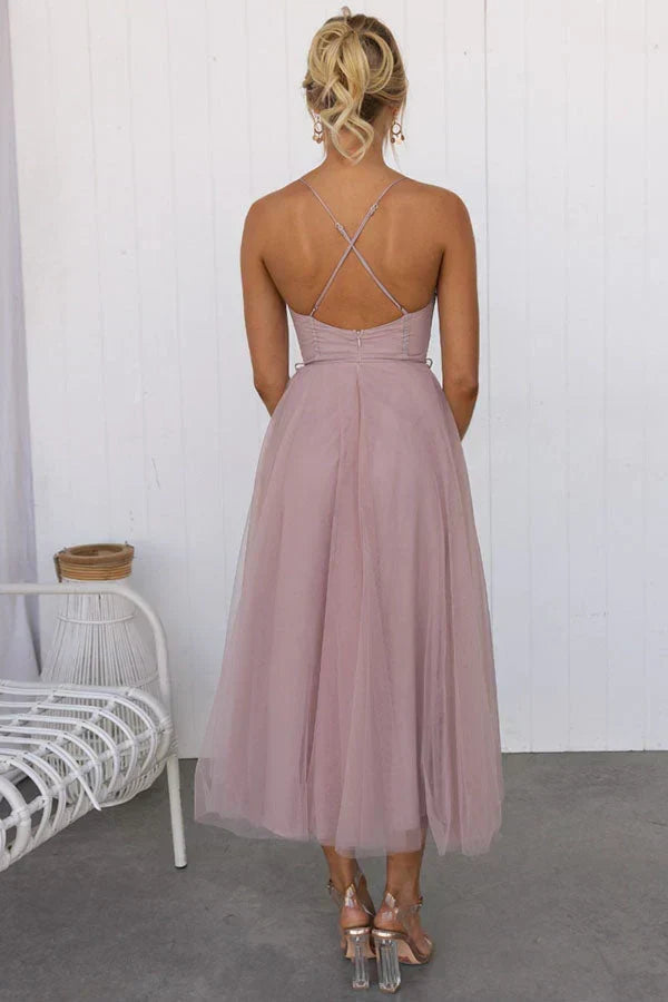 Sweetheart Neck Spaghetti Strap Corset Lace Up Tulle Skirt Midi Dress 3