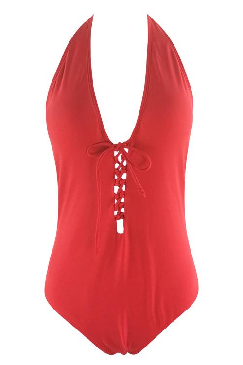 Red Halter Strappy Lace Up Braided Crisscross Sexy One Piece Swimsuit