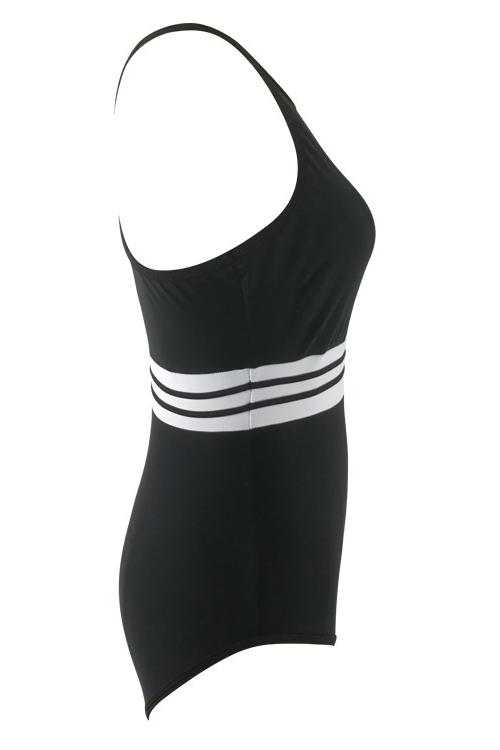 Black White Round Neck Striped Two Tone Mesh Racer Back Sexy One Piece Swimsuit