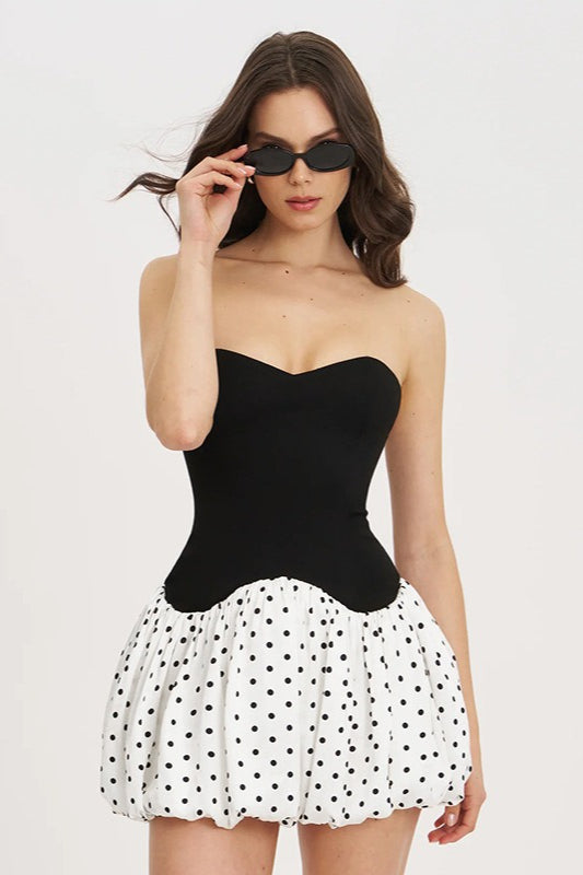 Black Strapless Sweetheart Polka Dot Bodycon Mini Dress