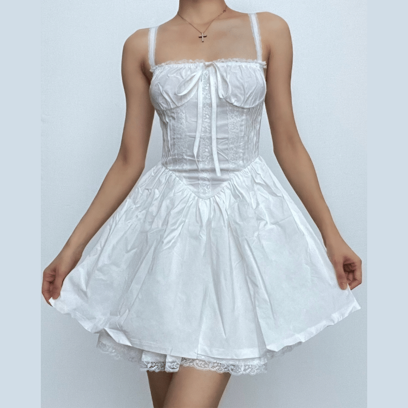 Lace Trim Ribbon Bow Corset Bodice Ruffle Hem Mini Dress