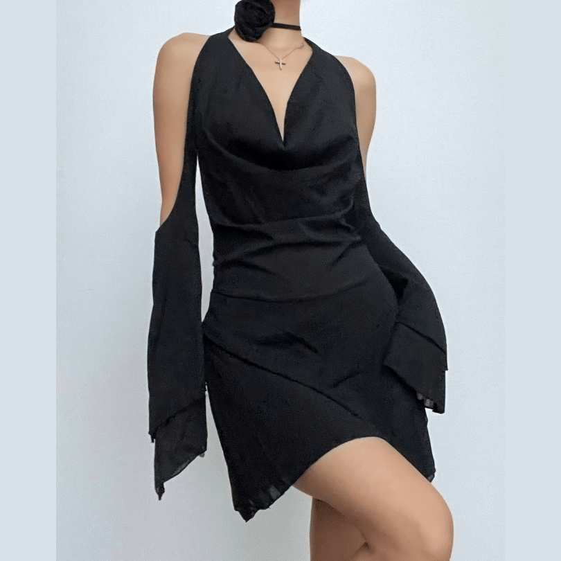 Cowl Neck Halter Cutout Bell Sleeve Zip Front Mini Dress