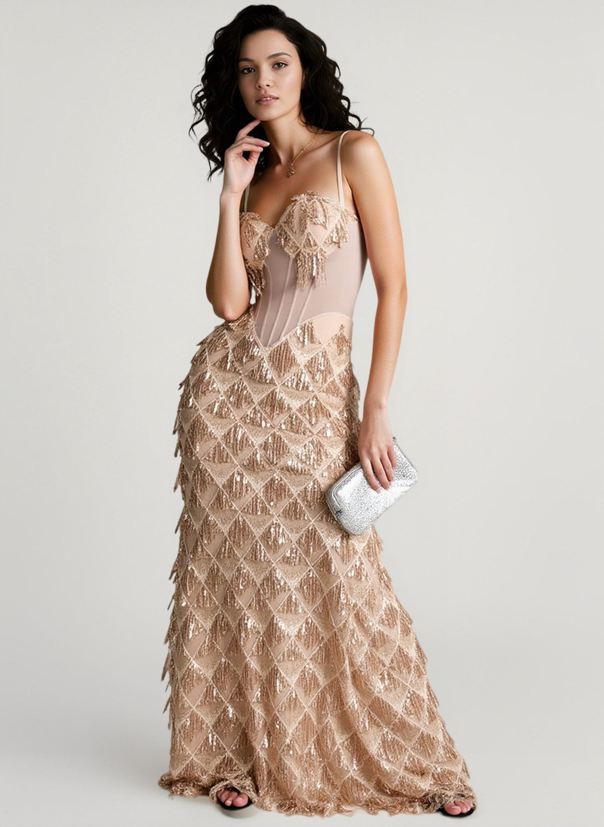 Spaghetti Strap Sheer Mesh Boned Bodice Diamond Sequin Fringe Maxi Gown