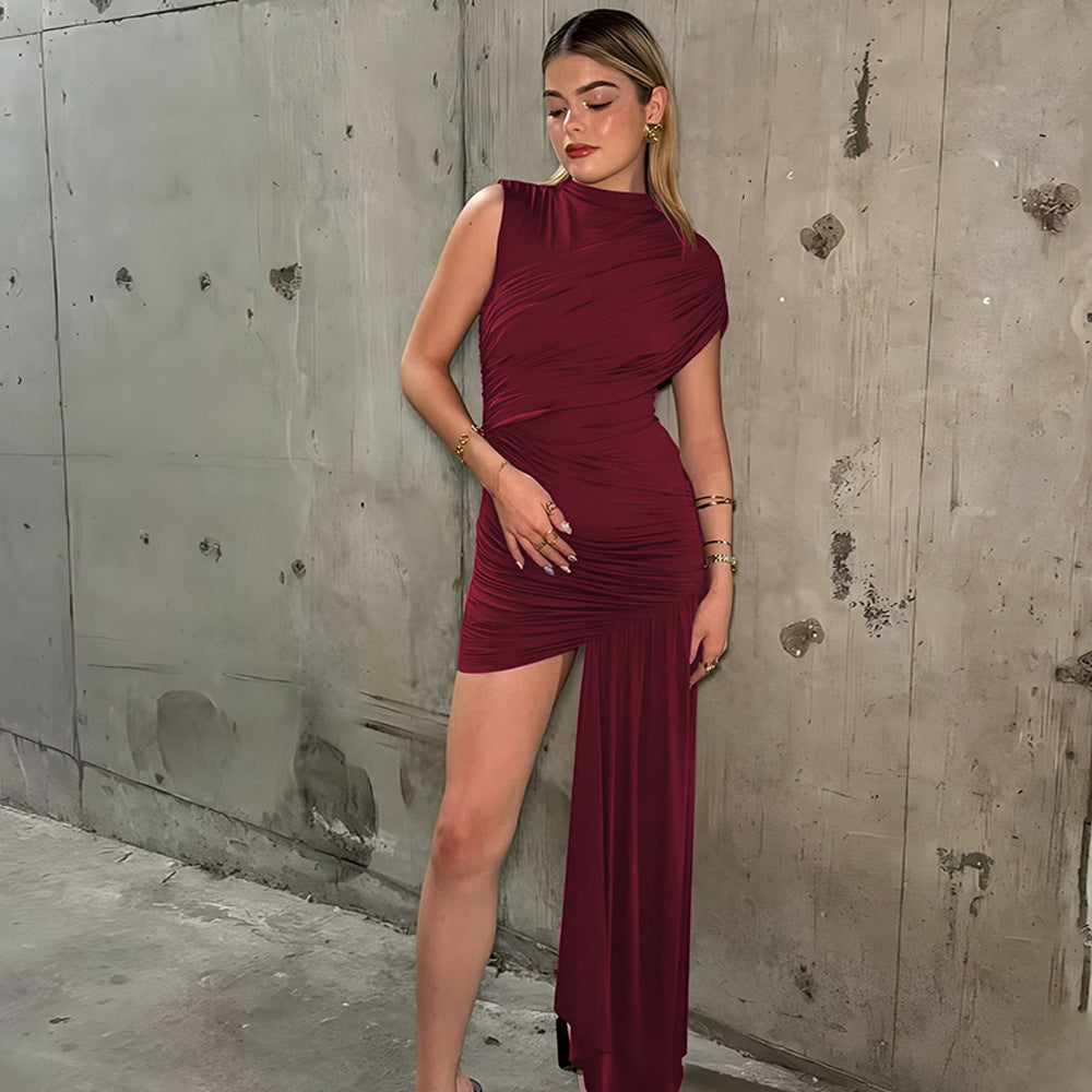 Mock Neck Asymmetric Drape Ruched Mini Dress 5