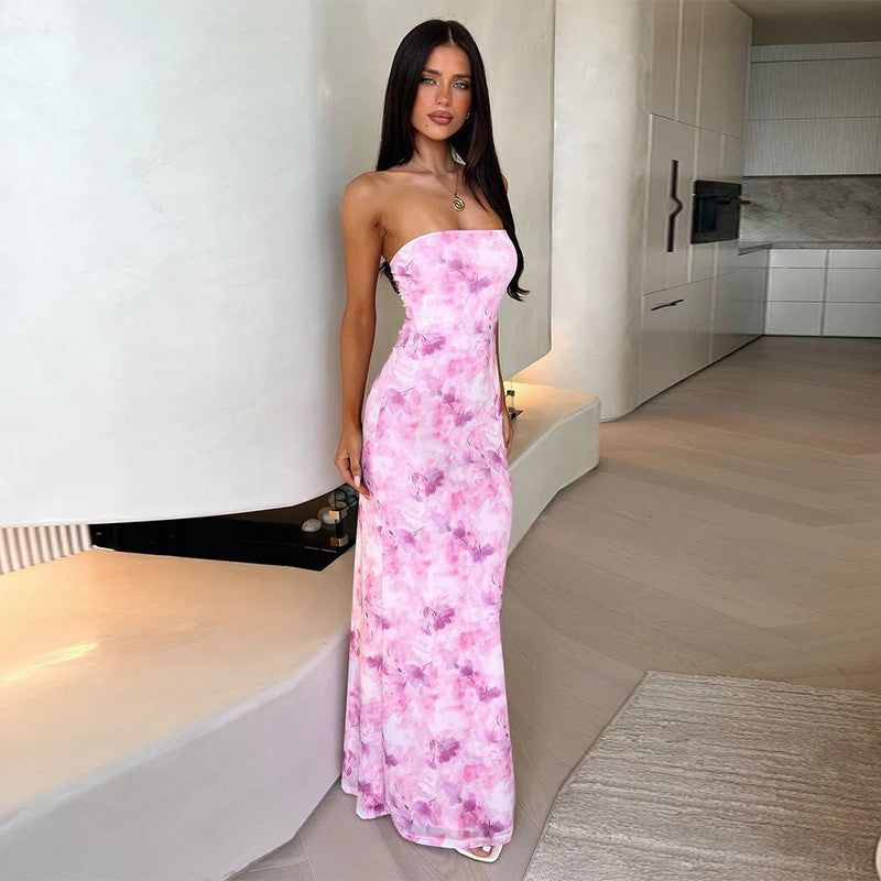 Strapless Abstract Watercolor Floral Print Bodycon Maxi Dress 6