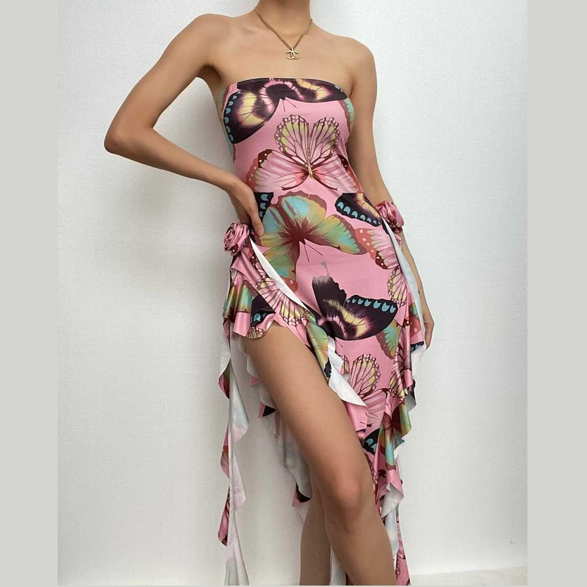 Butterfly Print Ruffle Ribbon Flower Applique Backless Maxi Dress