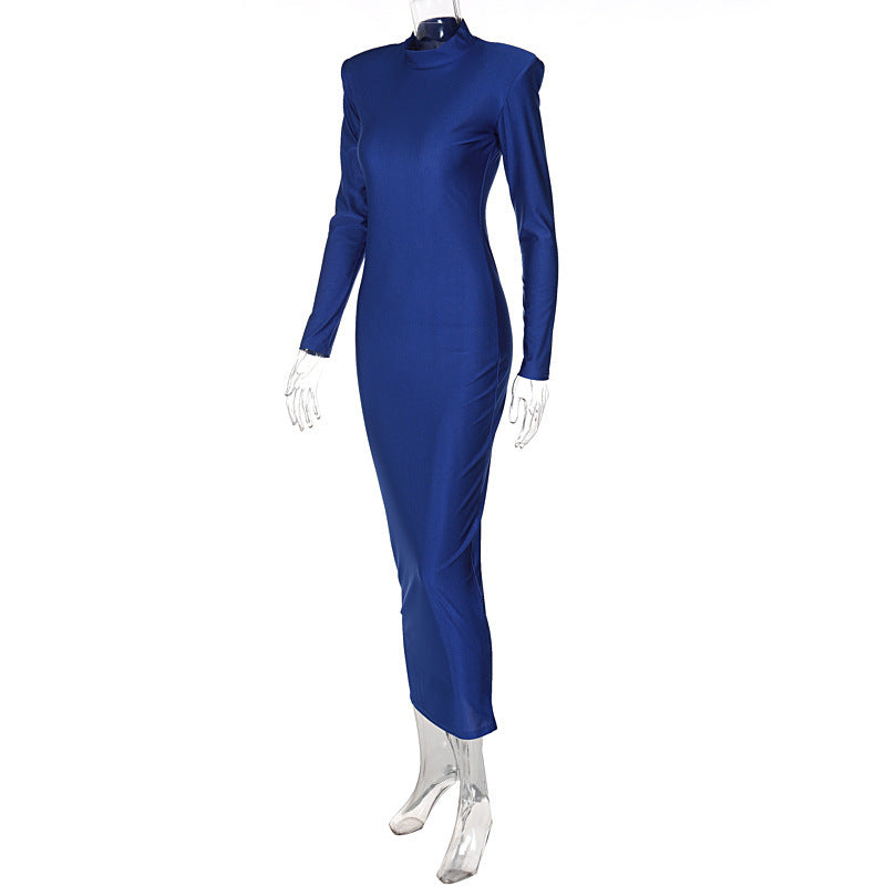 Mock Neck Padded Shoulder Bodycon Long Sleeve Maxi Dress 6