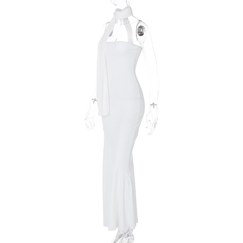 Strapless Straight Bandeau Trumpet Hem Matching Neck Scarf Maxi Gown 7