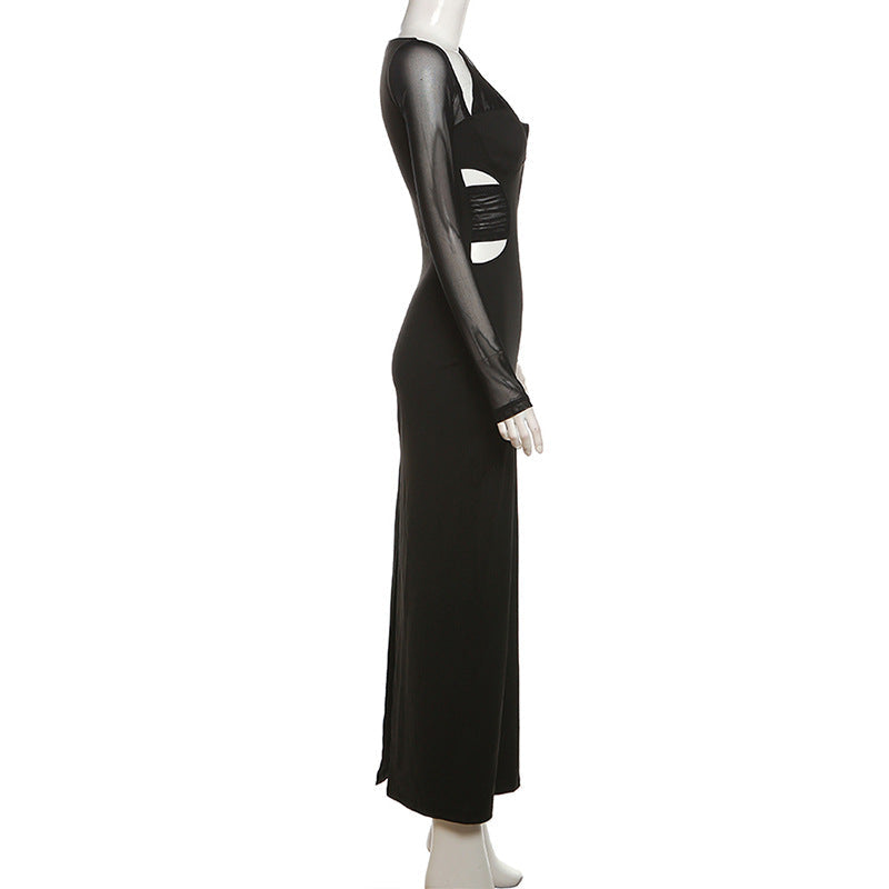 Long Sleeve Deep V-Neck Asymmetrical Mesh Cutout Waist Column Maxi Dress 10