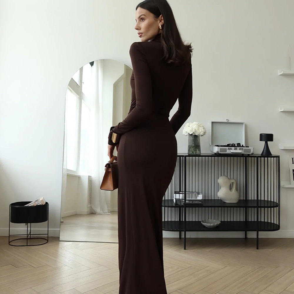 Turtleneck Long Sleeve Twisted Waist Knot High Slit Bodycon Maxi Dress 6