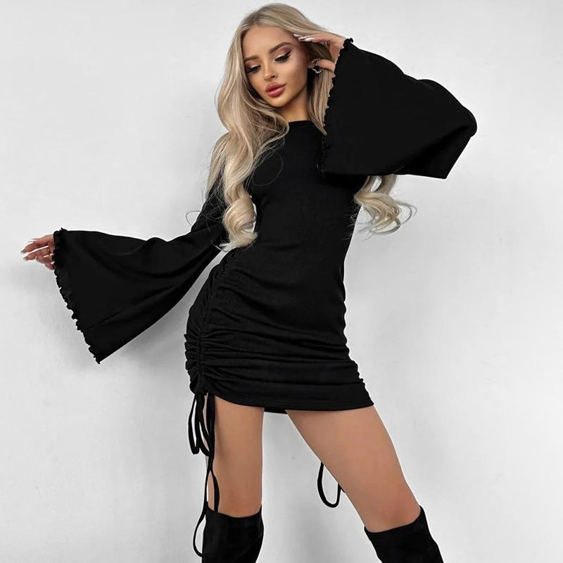 Round Neck Flare Sleeve Side Ruched Drawstring Bodycon Mini Dress 6