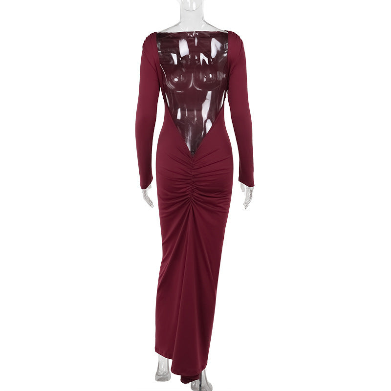 Long Sleeve Deep Open Back Ruched Column Maxi Gown 6