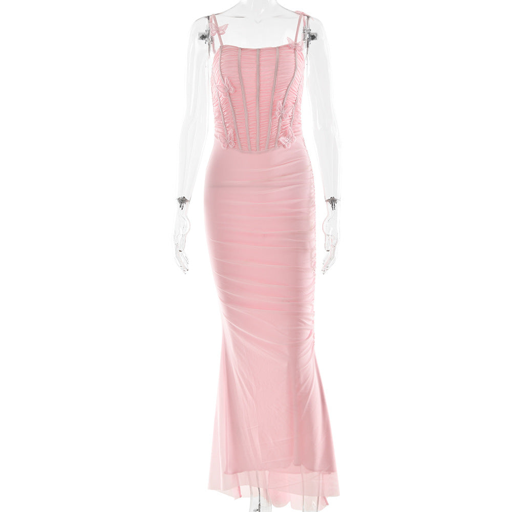 Spaghetti Strap Butterfly Applique Corset Boned Ruched Mermaid Maxi Dress 6