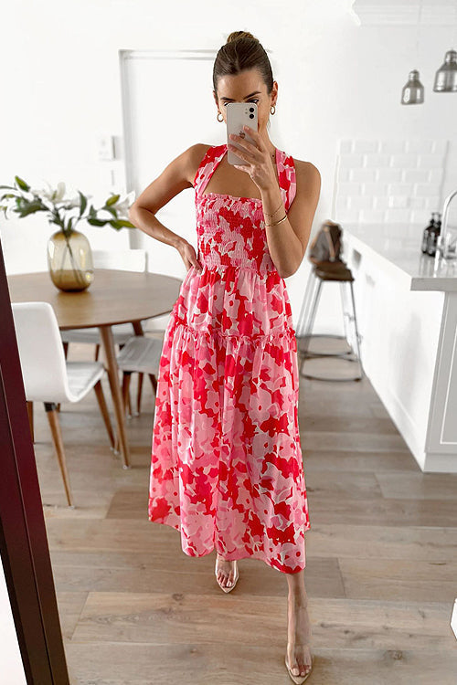 Square Neck Smocked Tiered Ruffle Floral Midi Dress 6