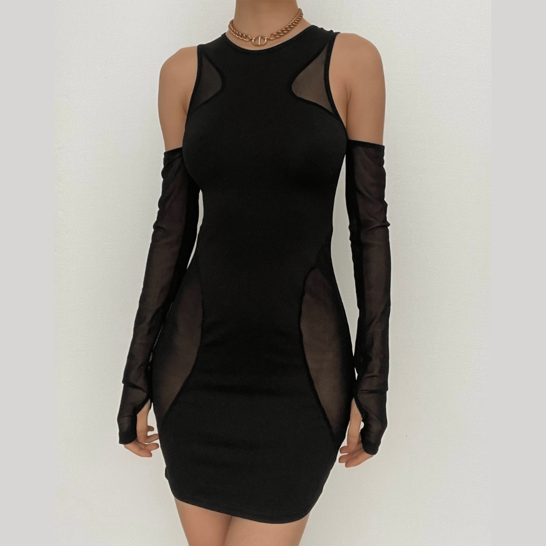 Crew Neck Mesh Panel Cutout Detached Glove Sleeve Mini Dress