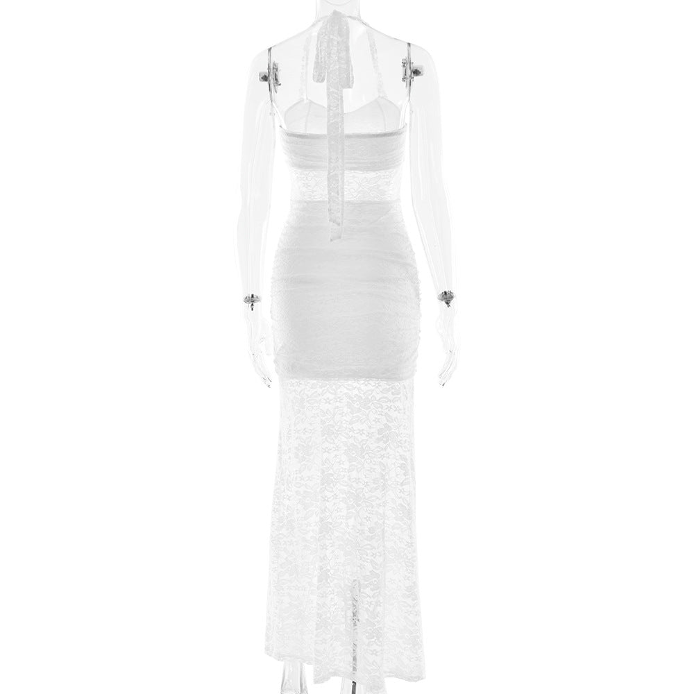 Halter Ruched Lace Insert Front Ruffle Panel Maxi Dress 9