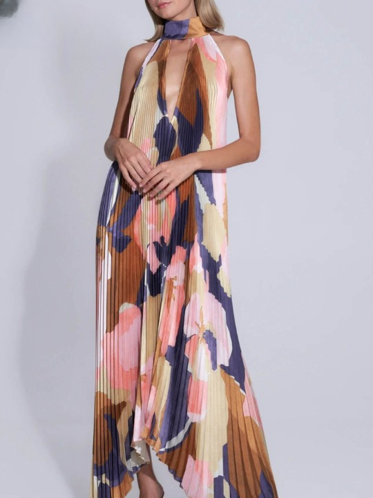 Halter Neck Plunging V Accordion Pleat Abstract Print Maxi Dress 2