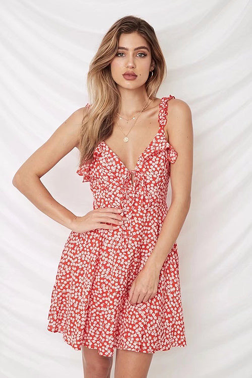 V Neck Tie Front Ruffle Strap Ditsy Floral Flared Mini Dress