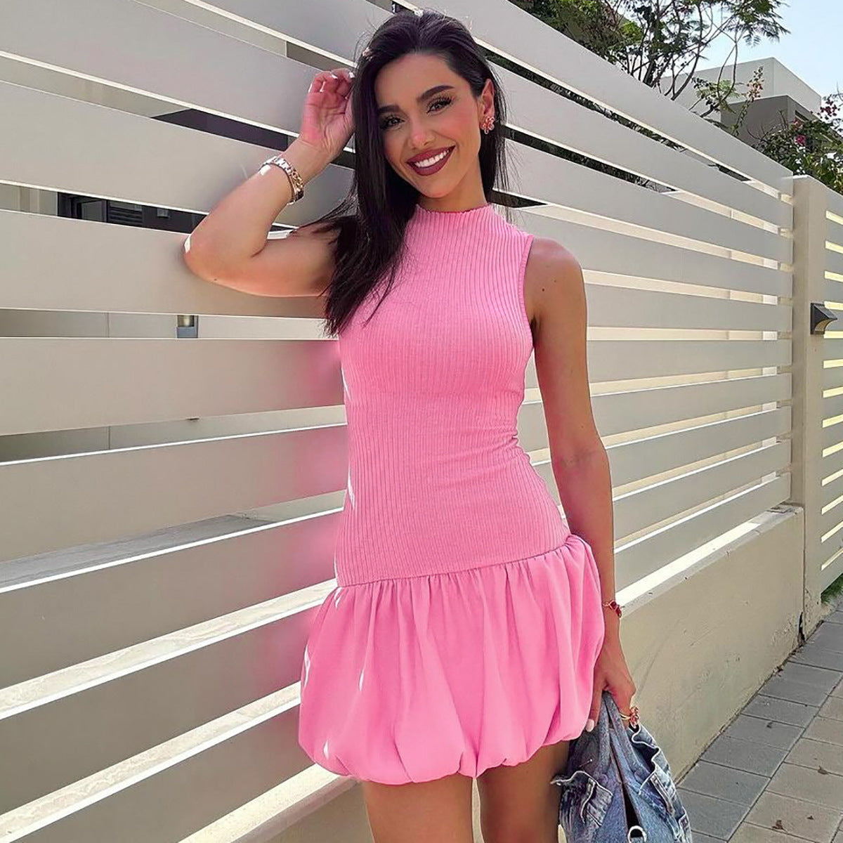 Mock Neck Sleeveless Ribbed Knit Drop Waist Bubble Hem Mini Dress 6