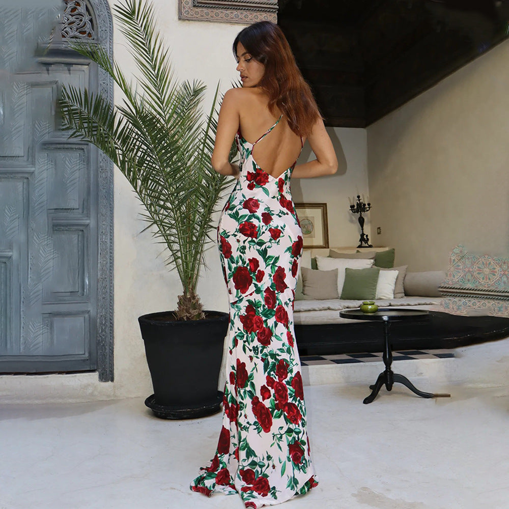 Floral Print Choker Spaghetti Strap Bodycon Mermaid Maxi Gown 6
