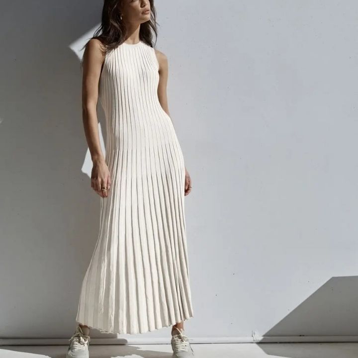 Rib Knit Bodice Accordion Pleated Skirt Sleeveless Maxi Dress 4