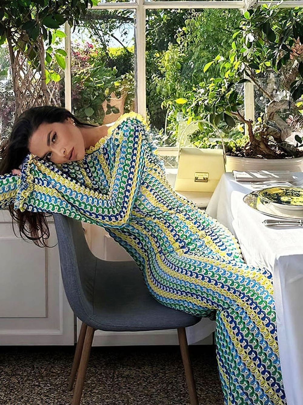 Crew Neck Crochet Zigzag Stripe Open Back Bodycon Maxi Dress 2