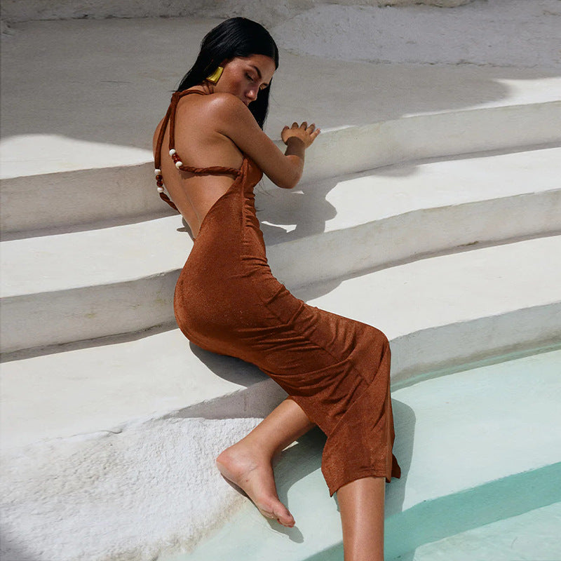 Halter Cowl Neck Backless Bodycon Column Maxi Dress 6