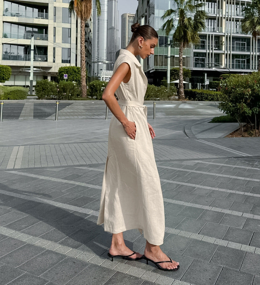 Square Neck Spaghetti Strap Pleated Waist Belted Midi Dress 2
