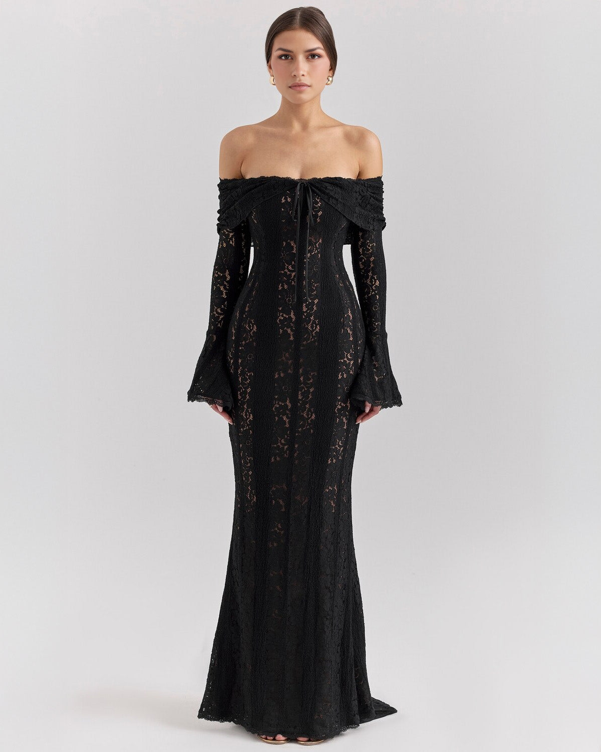 Off Shoulder Lace Ruffle Collar Bell Cuff Mermaid Maxi Gown