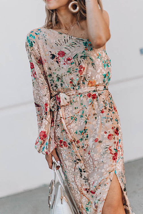 One Shoulder Bishop Sleeve Tie Waist Wrap Slit Floral Print Midi Dress