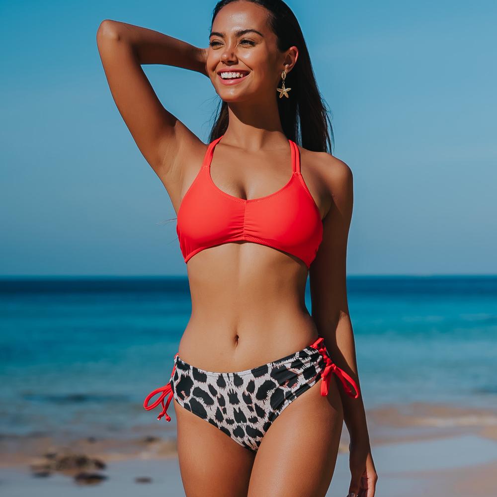 Red and Leopard Drawstring Side Bikini Set