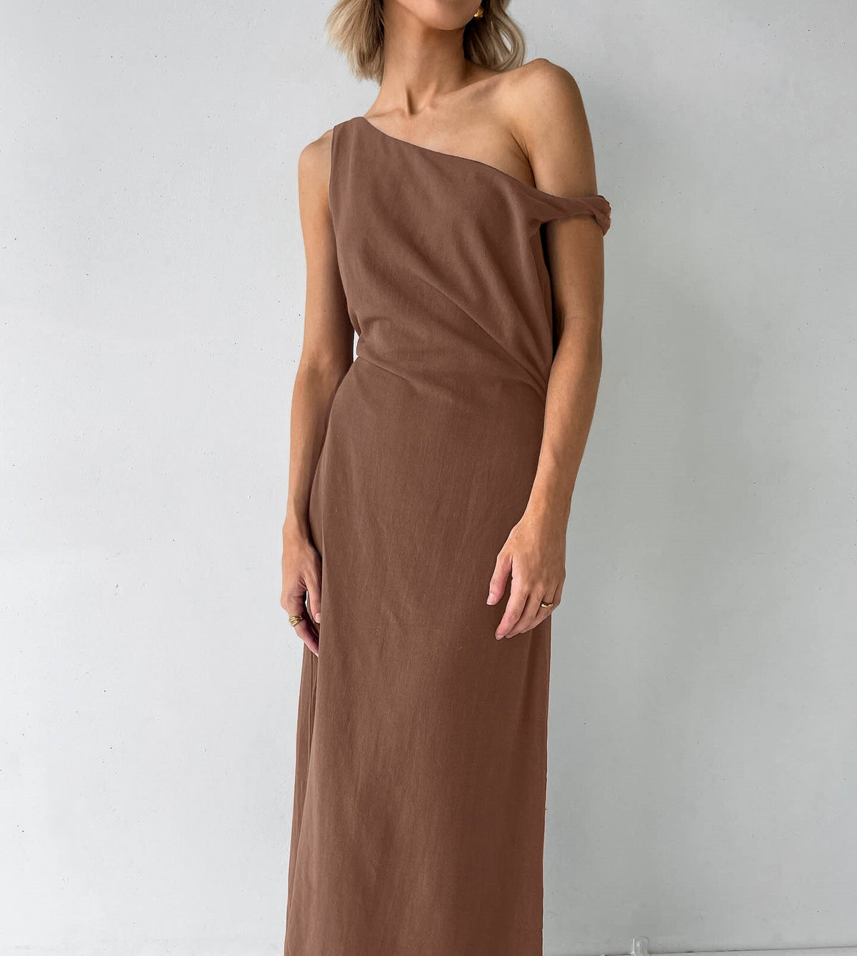 Halter Deep V Ruched Bodice Center Panel Drape Maxi Gown 6