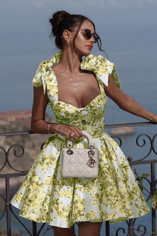 Floral Print Sweetheart Tie Strap Corset Fit and Flare Mini Dress