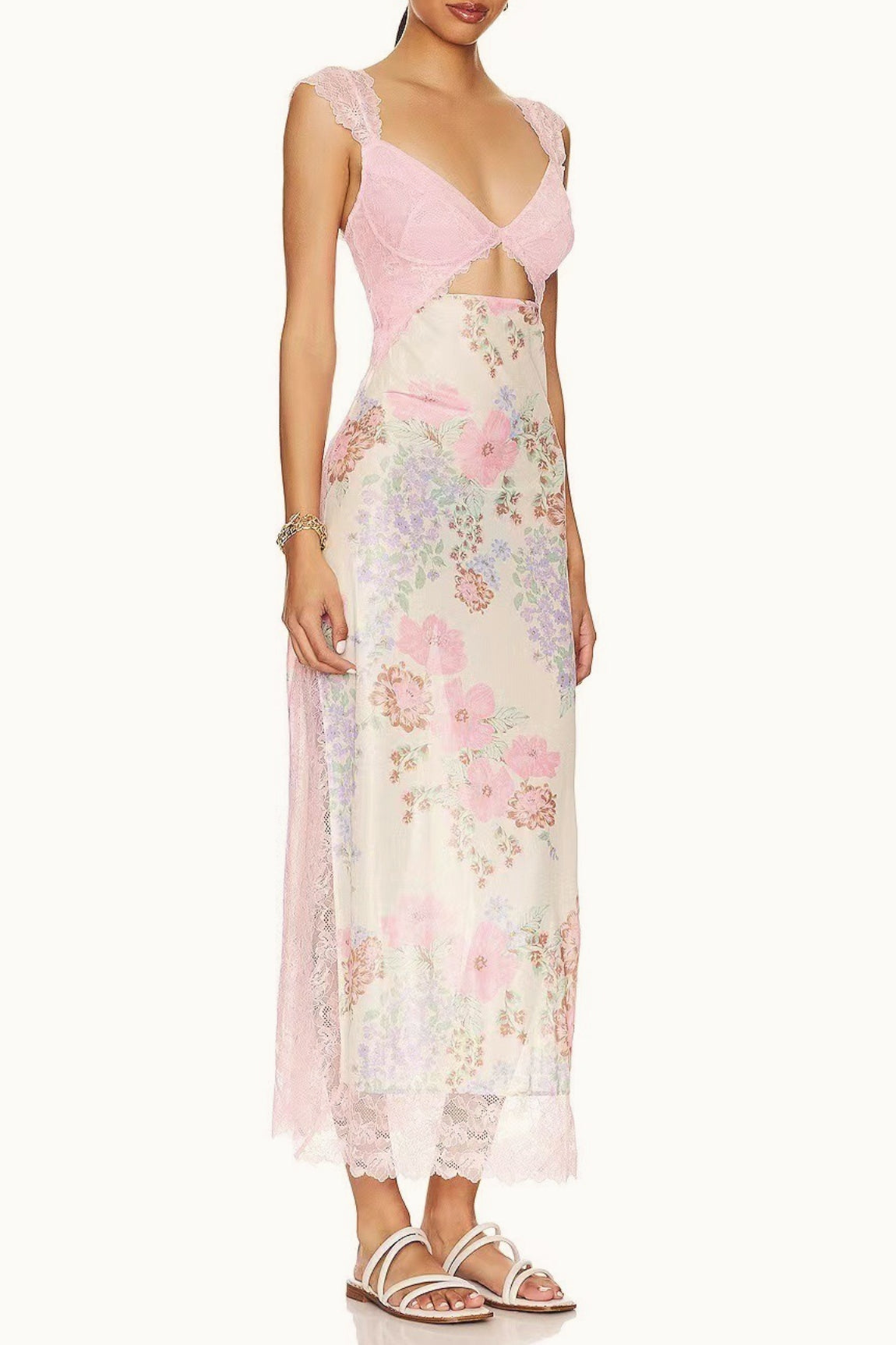 Lace Sweetheart Bodice Cut Out Flutter Sleeve Floral Print Slip Maxi Dress 9