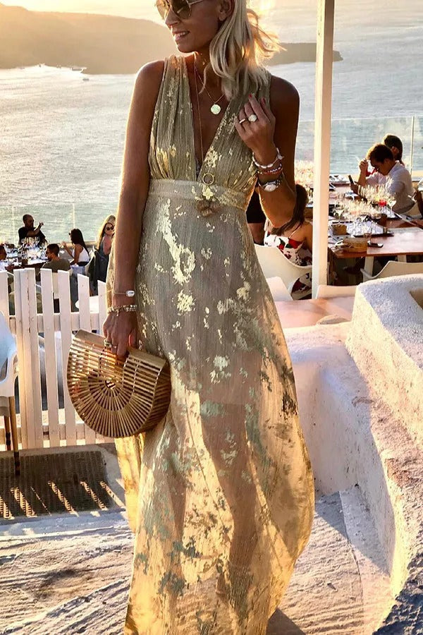 Distressed Metallic Foil Print Deep V-Neck Empire Waist Sleeveless Maxi Dress 3