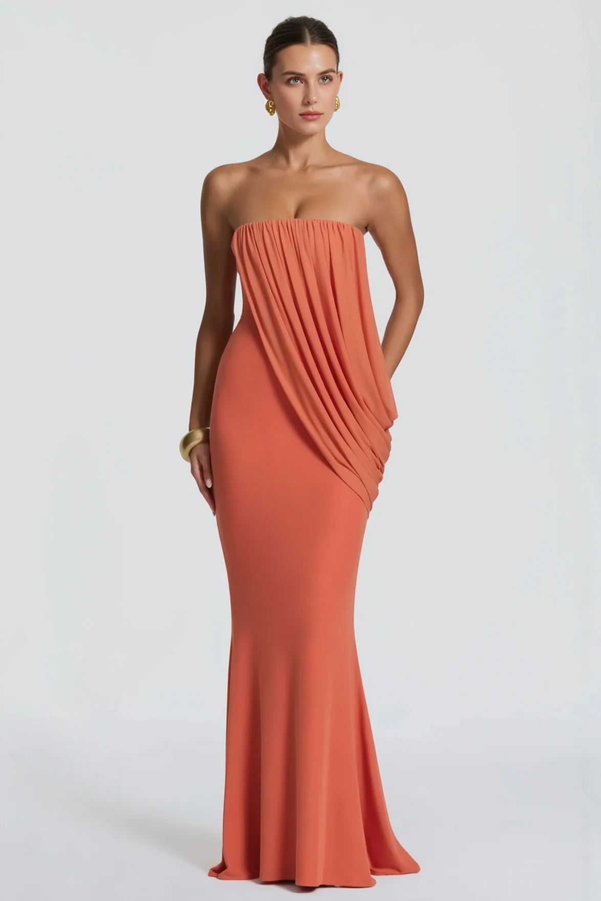 Strapless Diagonal Drape Panel Pleated Overlay Column Maxi Gown 4