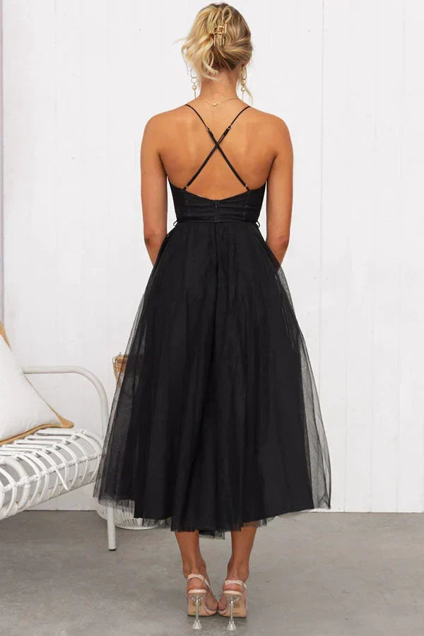 Sweetheart Neck Spaghetti Strap Corset Lace Up Tulle Skirt Midi Dress 6