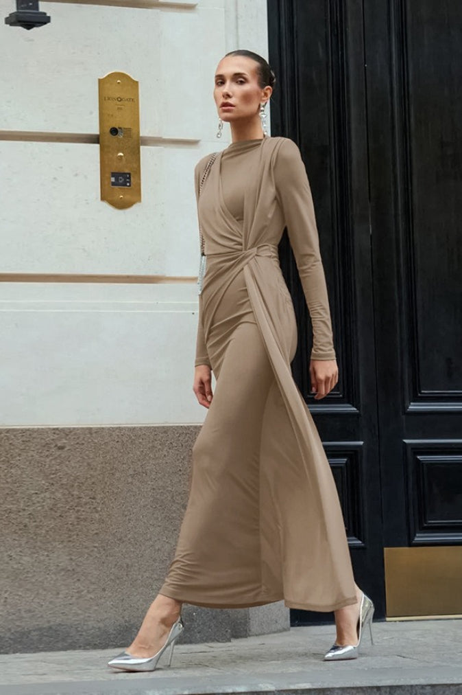 Draped Twist Front Ruched Long Sleeve Maxi Gown 7