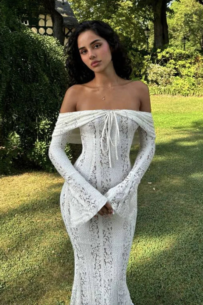 Off Shoulder Floral Lace Tie Front Long Sleeve Bodycon Maxi Dress