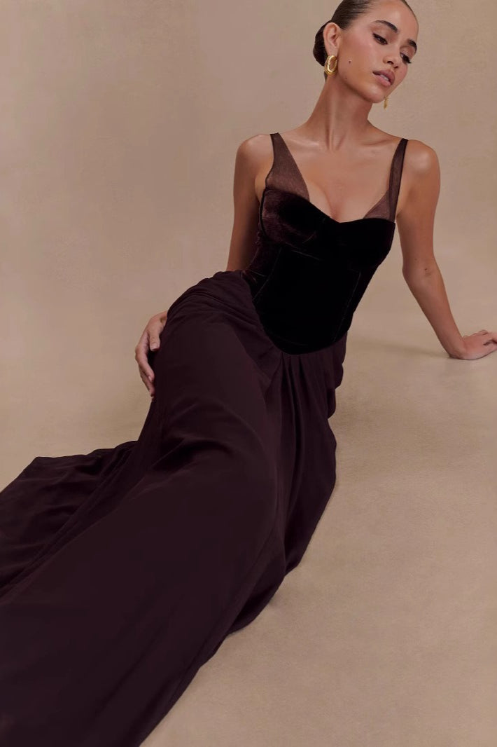 Mesh Panel Sweetheart Corset Basque Waist Draped Maxi Gown 2
