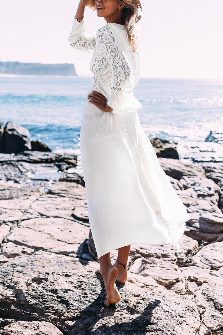 White Plunge Lace Drawstring Boho Beach Cover Up Maxi Dress