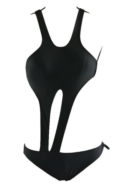 Black Halter Scoop Neck Strappy Cutout Tied Backless Sexy One Piece Monokini