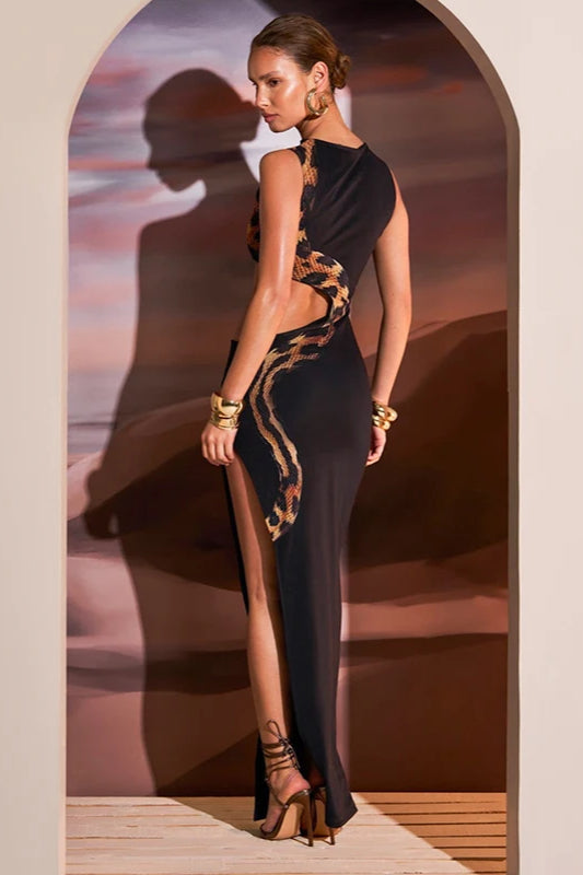 Snake Print Waist Cutout High Slit Sleeveless Bodycon Maxi Dress 3