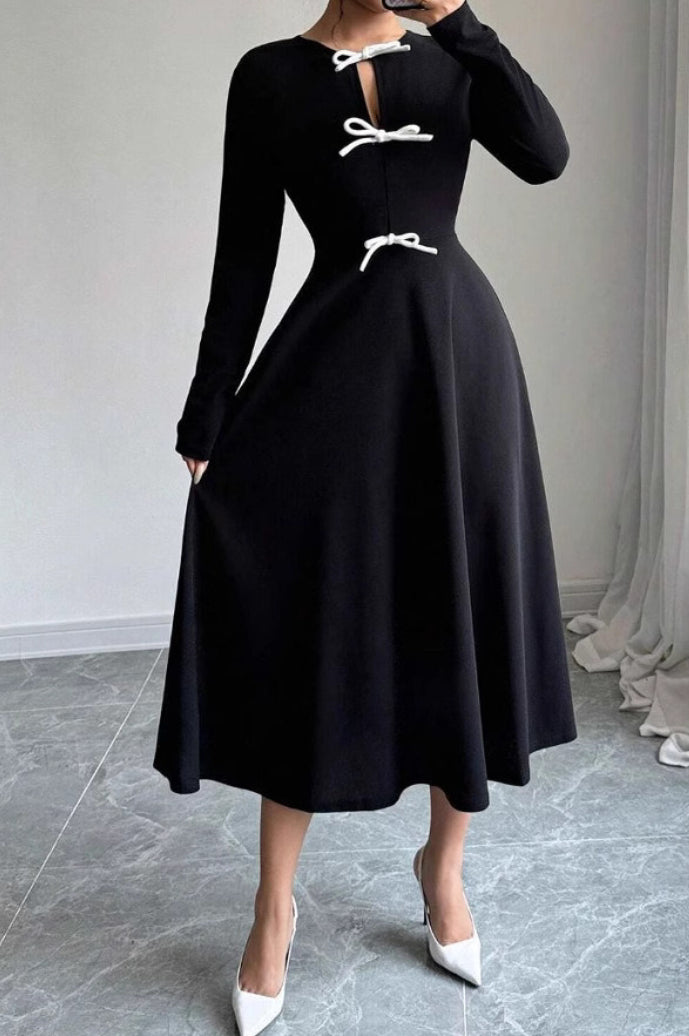 Black Long Sleeve Bow Detail Fit and Flare Midi Dress