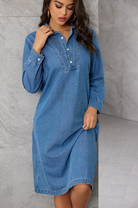 Denim Shirt Collar Long Sleeve Button Front Relaxed Midi Dress 3