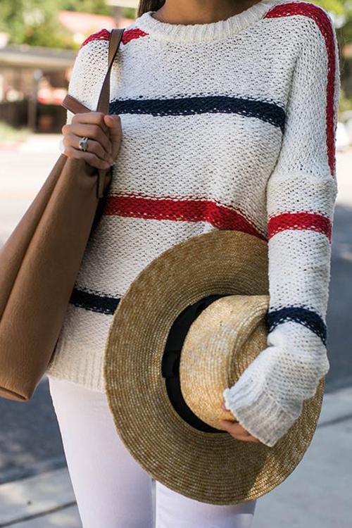 Stitching Striped knit Sweater