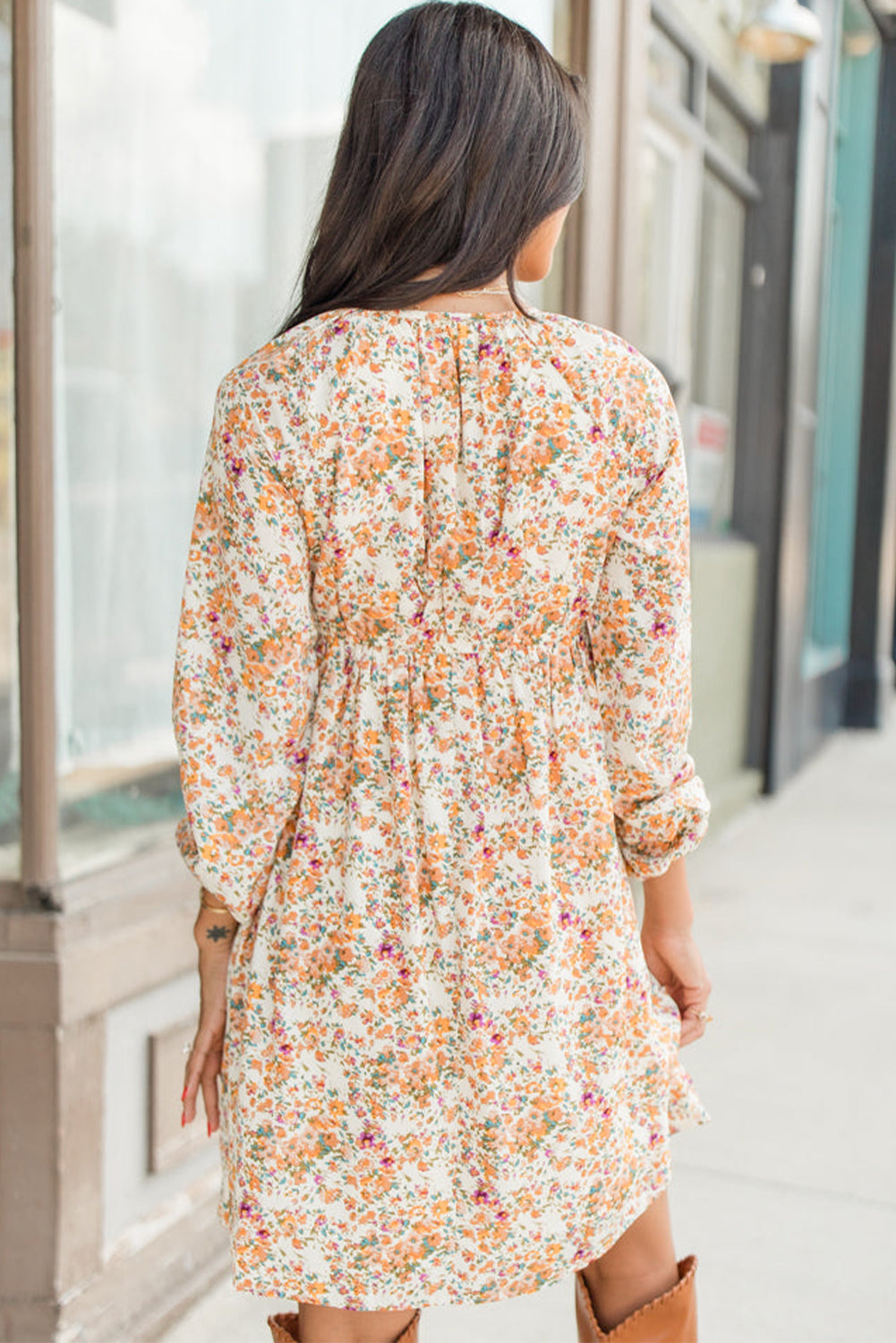 Ditsy Floral Print Surplice V-Neck Balloon Sleeve Empire Waist Mini Dress 2